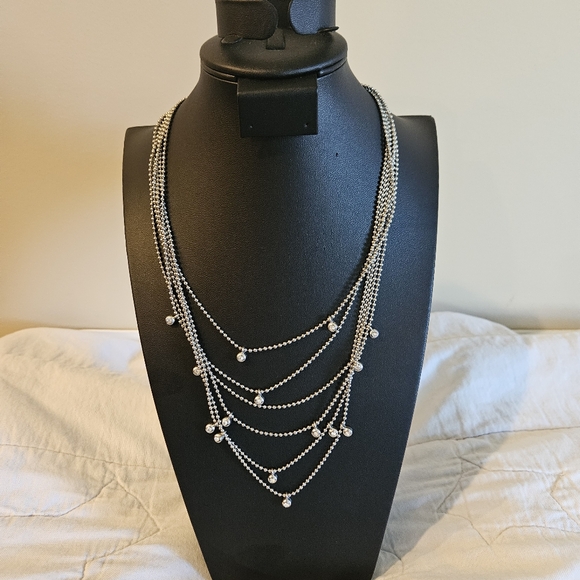 Multi Strand Silver Chain Necklace With Rhintones - Picture 1 of 5